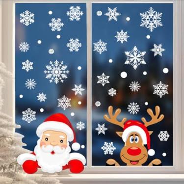 Imagem de Kit de decoração de 4 folhas/105 peças de adesivos de janela de Natal - Adesivos fofos de Papai Noel, alce e floco de neve | Decoração de Natal de PVC estático para quarto, sala de estar, escritório e