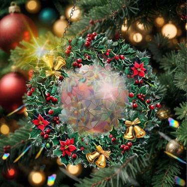 Imagem de Acrílico colorido Suncatcher, decoração de Natal com vitral impresso, decoração de arte de parede Rainbow Maker, enfeites de Natal para janelas internas e externas com corrente 19,8 x 19,8 cm B11