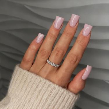 Imagem de SXVME Unhas de pressão rosa claro médias - unhas curtas de pressão de pato, opacas, pastel, rosa empoeirado, quadradas, com cola, ajuste perfeito, gel macio reutilizável nas unhas, 24 peças