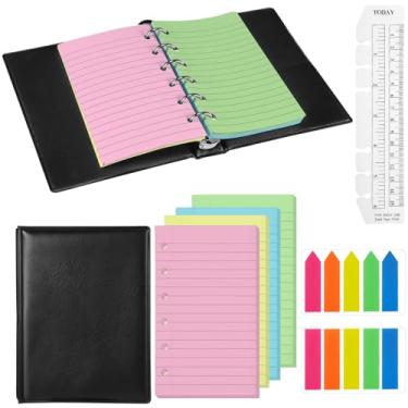 Imagem de Feifeiya Conjunto de mini fichário de 6 anéis e refil de papel de 7 x 12,7 cm, 1 fichário preto recarregável, 100 folhas de papel soltas forradas, 1 régua de marcador de livro translúcida, 200 abas