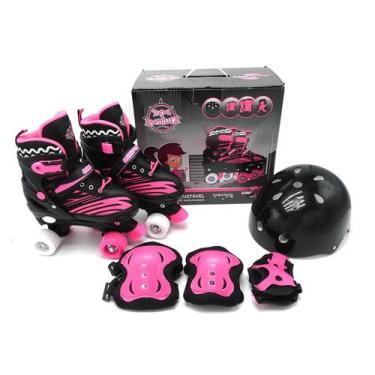 Imagem de Patins Quad Ajustável  com Kit Proteção Unitoys, Preto, Rosa, 30-33