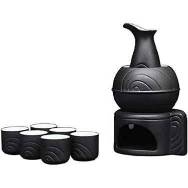Imagem de Conjunto de saquê japonês de cerâmica com aquecedor para uso doméstico, conjunto de 9 peças de saquê tradicional pintado à mão com caixa de presente preta (azul) (preto)