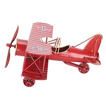 Imagem de QANYEGN Modelo de avião de ferro vermelho, modelo de avião biplano de ferro forjado retrô, decorações de avião vintage para estante, toppers de bolo, adereços fotográficos