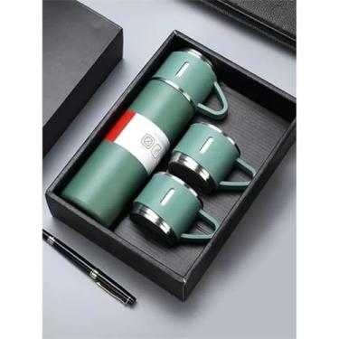 Imagem de Kit Garrafa Térmica Inox 500ml + 3 Canecas Térmicas Vacuum Bottle Bebidas Quentes e Frias (verde)