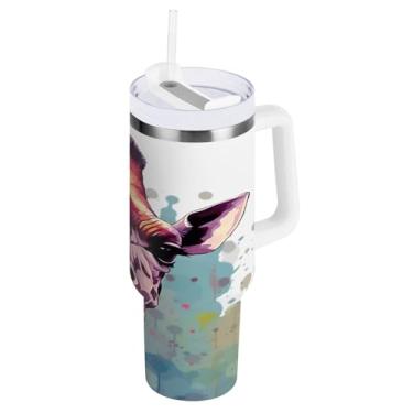Imagem de Blueangle Copo isolado de 1,134 g com alça e tampa de canudo - Caneca de viagem de aço inoxidável à prova de vazamento, garrafa de água com pintura de girafa a vácuo de parede dupla (329)