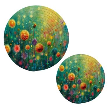 Imagem de Blueangle 2 peças de suporte de panela para pintura de flores coloridas - conjunto de pegadores de panela de tecido redondo - almofadas quentes trançadas de algodão - porta-copos - tapetes de mesa