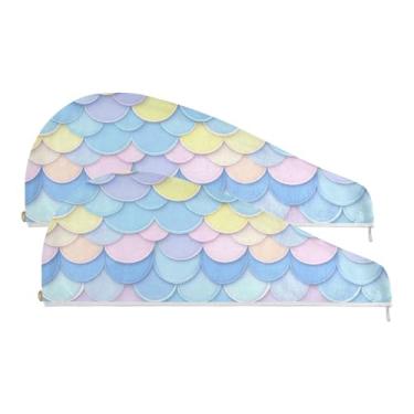 Imagem de SEHANY Toalha de cabelo de microfibra roxa pálida escamas de sereia para mulheres, 2 peças, turbantes de cabelo de secagem rápida com botão, touca de cabelo seco absorvente toalha de secagem de cabelo