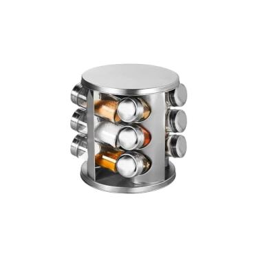 Imagem de Porta Condimentos Giratório com 12 Potes, Aço Inox e Vidro, 360º, 21x16cm, Transparente, Organizador de Temperos