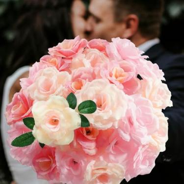 Imagem de Bairdish Flores artificiais, 24 peças, cabeças de rosas falsas com hastes para buquês de casamento faça você mesmo, floral sintético de seda para chá de panela, arranjos de mesa de festa, decoração de
