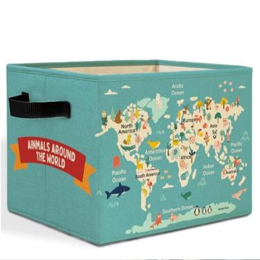 Imagem de HSIASHENG Cesto de armazenamento de berçário com alças e mapa-múndi de animais, cestos educativos para roupas, organizador de brinquedos, para quarto de crianças, sala de jogos, quarto, banheiro