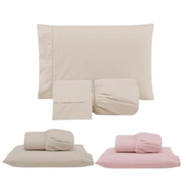 Imagem de Kit 3 Jogos de Lençol com Elástico e Fronhas Bordadas em Ponto Palito, Micropercal 300 Fios, 1 Casal Padrão e 2 Solteiros, 100% Poliéster (CPS Versat (Cáqui/Cáqui/Rosê))