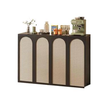Imagem de hezhuhe2258 Aparador de sala de jantar estilo retrô aparador de cozinha sala de estar armazenamento de vime no chão quatro portas branco/preto 130 cm (preto)