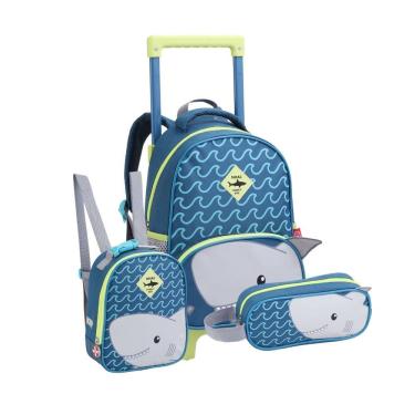 Imagem de Mochila De Rodinhas Lancheira Térmica Estojo Simples Tubarão