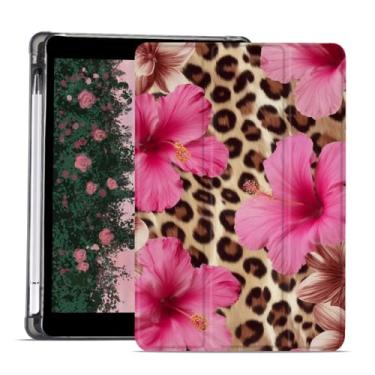 Imagem de AdorableWhimsy Capa de flor de hibisco para iPad 9ª/7ª/8ª geração (2021/2020/2019 10,2 polegadas), estampa animal, design estético, capa protetora de couro dobrável, capa traseira macia com suporte