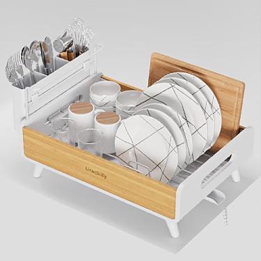 Imagem de Urackify Escorredor de pratos para balcão de cozinha – Escorredor de pratos de aço inoxidável e bambu, escorredor de pratos de cozinha com suporte grande removível, escorredor de pratos com dreno