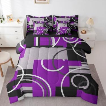 Imagem de Erosebridal Conjunto de edredom King com listras abstratas, 7 peças, moderno, roxo, branco, círculos, linhas geométricas, chique, preto, cinza, inserção, gráfico, estilo simples, microfibra macia