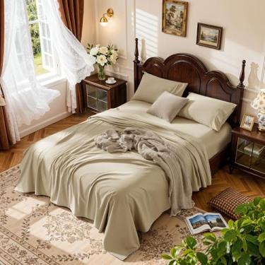 Imagem de LBRO2M Jogo de lençol 100% algodão com bolso profundo 48,3 cm, 1000 fios tamanho casal 4 peças, roupa de cama macia e confortável para todas as estações (casal, linho)