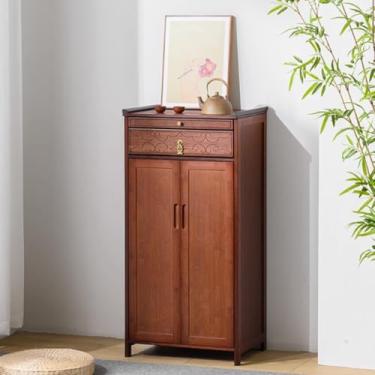 Imagem de Mesa de altar de bambu para meditação, armário de santuário budista chinês com armazenamento, mesa de oferta vintage, design simples (cor pera, 42 x 38 x 101 cm)