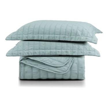 Imagem de Kit Colcha Cobre Leito Casa Scarpa Plissê Queen Seersucker Premium 3 Peças Maciez E Leveza Com Textura 3d Verde Essencial