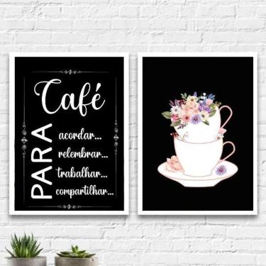 Imagem de Kit 2 Quadros Cantinho Do Café Xícaras Flores 33X24Cm Vidro