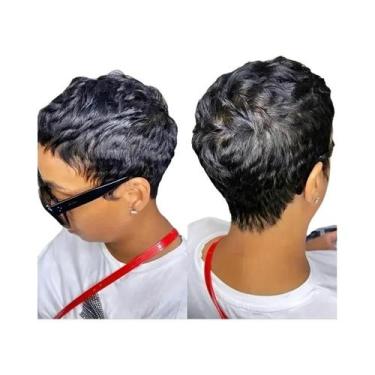 Imagem de Peruca Feminina Curta Pixie De Cabelo Humano Com Franja Colorida Densi