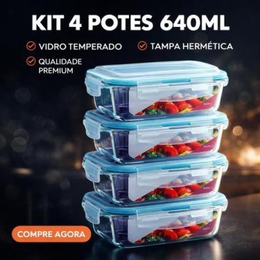 Imagem de Conjunto 4 Pote Vidro Hermético Marmita Tampa Plástico 640ml - PRATICA