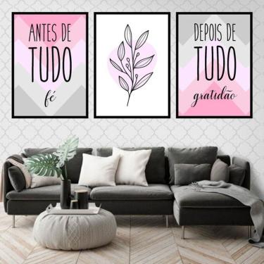 Imagem de Kit 3 Quadros Decorativos Fé Gratidão Rosa Cinza Folha