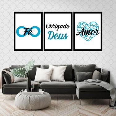 Imagem de Kit 3 Quadros Decorativos Fé, Obrigado Deus, Amor Azul