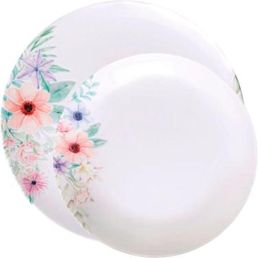 Imagem de Conjunto de Pratos Floratta 20 Peças Raso e Fundo em Porcelana Branco com Estampa Floral