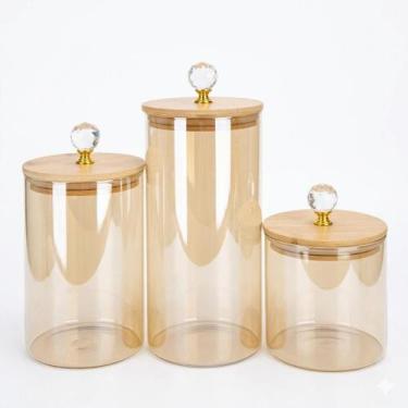 Imagem de Kit 3 Potes de Vidro Hermético Âmbar com Tampa de Bambu Bolinha Porta 