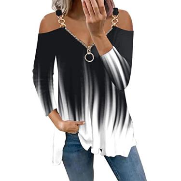 Imagem de Tops de cami de metal para mulheres com estampa solta, camisas de manga comprida, bainha fluida, zíper, decote em V Outono Camiseta feminino feminina cropped Chama gradiente E101-K Medium