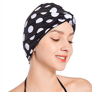 Imagem de SUNTRADE Touca de banho feminina feminina feminina de cabelo curto com nó plissado turbante chapéu de natação não impermeável (preto-branco)