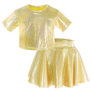Imagem de Panegy Conjunto de roupa de dança metálica para meninas, top cropped de manga curta com saia plissada evasê, pacote com 2, Dourado, 120 (5-6 Years)