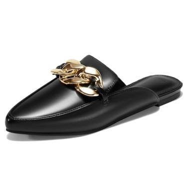 Imagem de Juliet Holy Mocassins femininos mules sem costas bico fino sem costas deslizantes de corrente de metal, Preto, 7.5