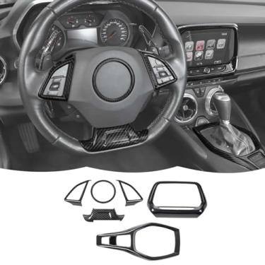 Imagem de Kit de acabamento interno de fibra de carbono Capa de guarnição de câmbio de marchas Navegação GPS Capa de moldura de tela grande Acessórios de decoração de acabamento de volante compatível com Chevrolet Camaro 2017-2023