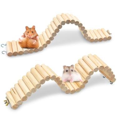 Imagem de kathson 6 peças de ponte suspensa de madeira para hamster, escadas de escalada longas dobráveis para animais de estimação, acessórios de brinquedo, esconderijo, bolas de mastigar naturais para rato,
