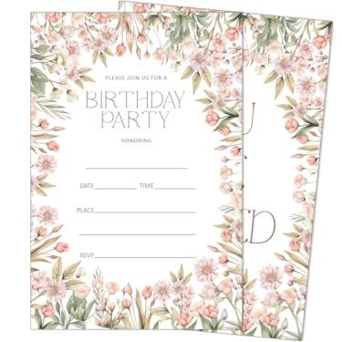 Imagem de heiyihe Convites de aniversário florais, pacote com 20 convites de festa de aniversário para meninos e meninas com envelopes, suprimentos de festa para chá de bebê, 10 cm x 15 cm - D07
