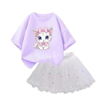Imagem de Conjunto de 2 Peças Verão para Meninas - Camiseta de Gato e Saia Tutu,
