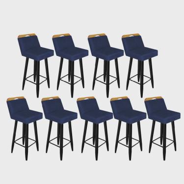 Imagem de Kit 09 Banqueta Alta Encosto Lith Para Cozinha Bar Balcão Bistrô Pé Palito Preto Suede Azul Marinho - Ahz Móveis