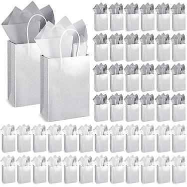 Imagem de Colarr 50 peças de 21 x 15 cm, saco de papel kraft com glitter, sacos de presente de Natal com 100 lenços de papel de embrulho a granel, sacos de embrulho de presente de Natal com alça para casamento, chá de bebê, aniversário (prata)