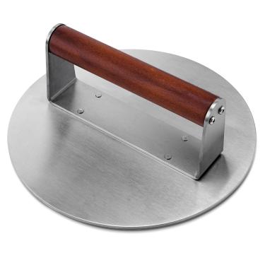 Imagem de Whaleme Prensa de hambúrguer de aço inoxidável, ferramenta antiaderente para hambúrguer de 21,5 cm e prensa de grelha, bacon resistente de 1,1 kg com cabo de madeira para grelhadores Blackstone Camp