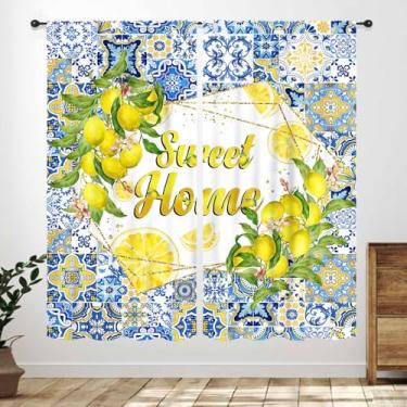 Imagem de Cortinas de cozinha de limão, azulejos azuis retrô, limão, campo, verão, folhas de fruta, floral, rústica, cortinas de janela, tratamentos para sala de estar, quarto, banheiro, 2 painéis, 106 x 113 cm
