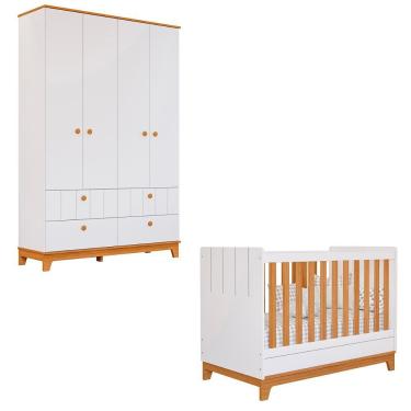 Imagem de Kit Quarto Berço Com Roupeiro Biscoito E Colchão Incluso Branco Acetinado nature