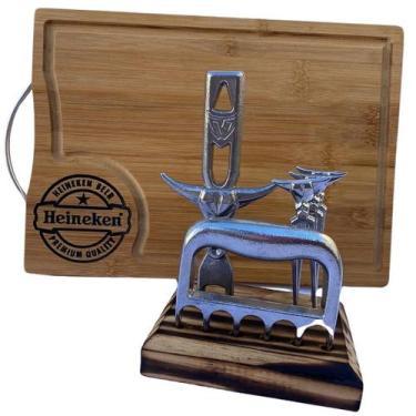 Imagem de Kit Tabua Corte Carne Churrasco com Kit Suporte Madeira com Garra de U