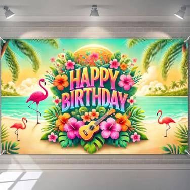 Imagem de BlissYard Faixa de feliz aniversário 178 x 109 cm decorações de festa havaiana luau para crianças adultos grande faixa feliz aniversário tema praia foto estúdio fundo ilha verão suprimentos festa
