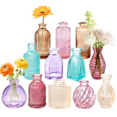 Imagem de 12 peças de vasos coloridos mistos pequenos vasos de vidro para flores, vaso de flores vintage colorido para centros de mesa, garrafas de vidro estéticas, para casamento, chá de bebê, decoração de