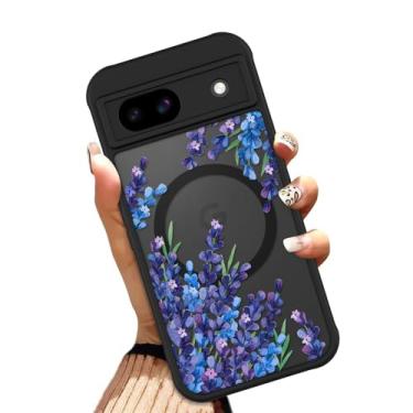 Imagem de OOK Capa para Google Pixel 8A de 6,1 polegadas (compatível com MagSafe) capa de telefone translúcida com design de flores florais roxas lavanda TPU macio + capa fofa magnética antiarranhões à prova de