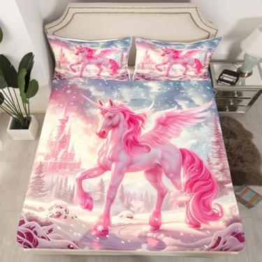 Imagem de Erosebridal Jogo de lençol casal casal de unicórnio rosa, castelo sonhador, kawaii, cavalo branco, geométrico, floco de neve com bolso profundo