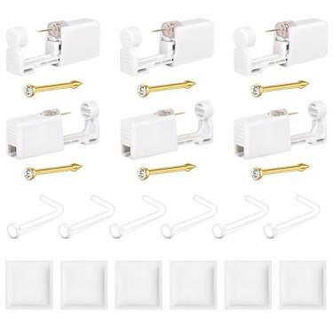 Imagem de QWALIT Kit de piercing de nariz descartável, kit de piercing de nariz dourado, kit de piercings de narina com anéis, piercings de narina, kits de pistola em casa, ferramenta de perfuração com
