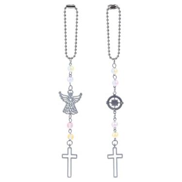 Imagem de DELORIGIN 2 peças anjo da guarda pingente de carro cruz espelho retrovisor pendurado bússola bíblia acessórios decoração carro contas pingente ornamento para espelho janela jardim varanda Páscoa joias